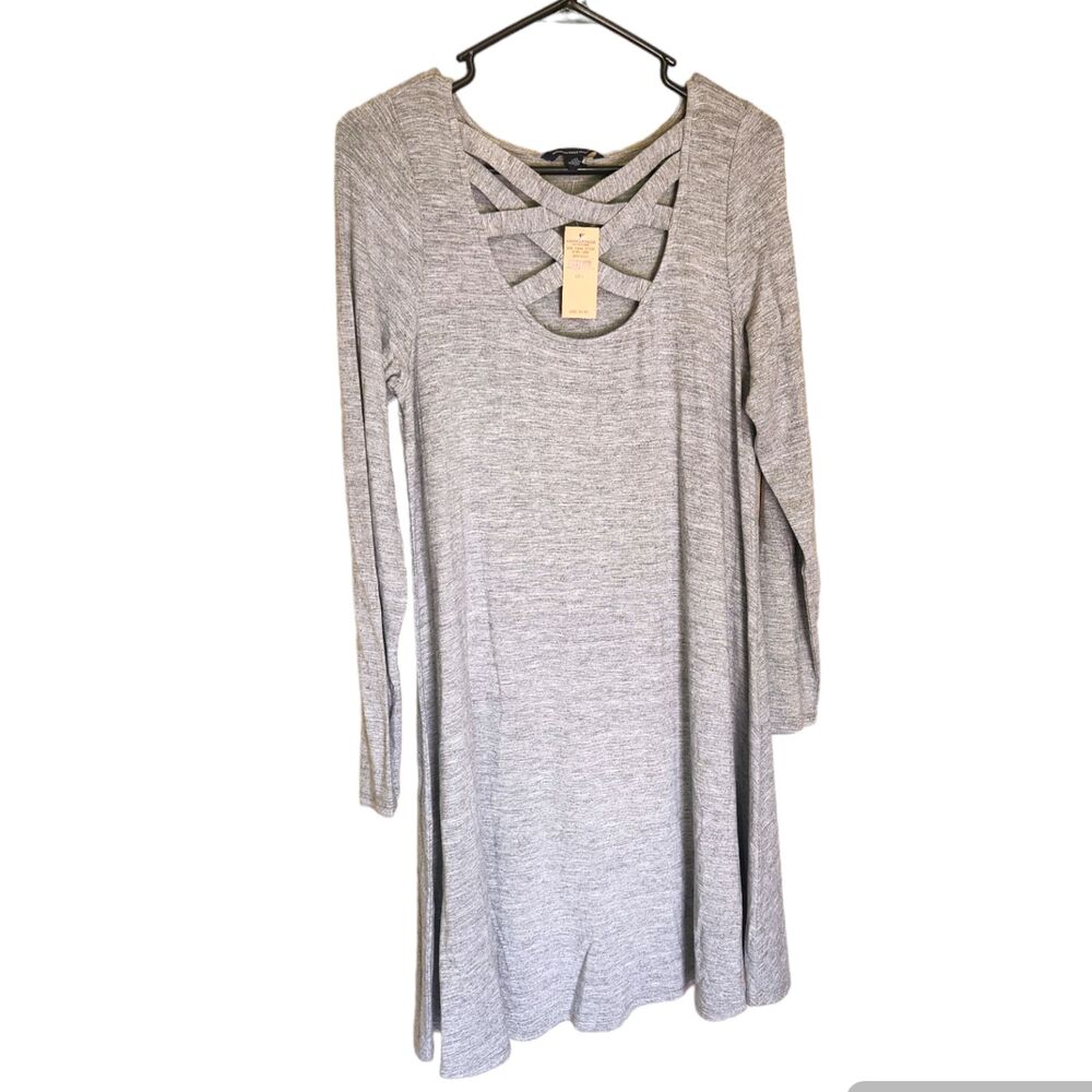 American Eagle Outfitters Gray Knit Dress Sz L Criss Cross Front Long Sleeved